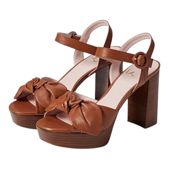 Ted Baker HEMYLA Brown Leather Block Heel Sandals EU38 US 7.5 Feminine Bow - Picture 1 of 16